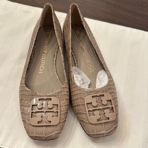 Tory Burch Beige Croc-Embossed Flats